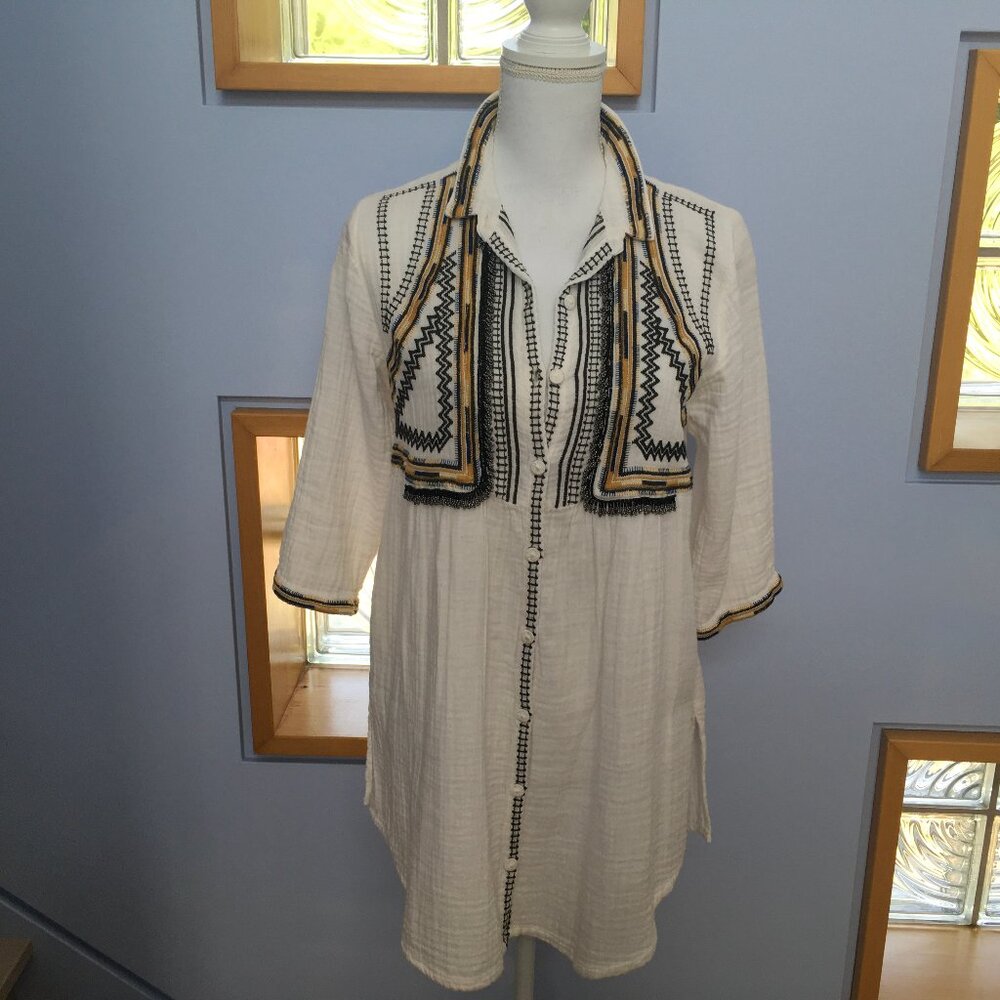 Johnny Was White Gauze Top with Black Beading Size S